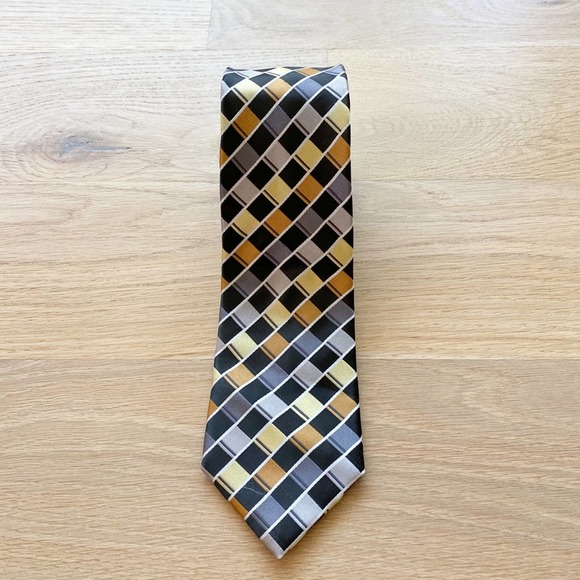 ALEXANDER JULIAN COLOURS Men's Black/Gold Check Handmade Polyester Necktie sz OS - Picture 1 of 7